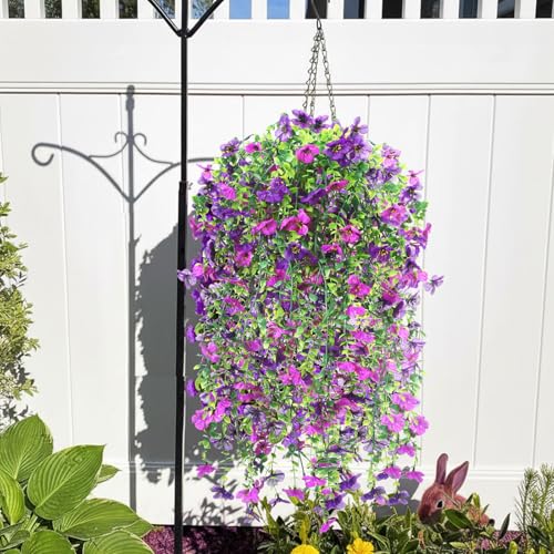 6 Pcs Spring Artificial Hanging Flowers Outdoor Faux Silk Mum Plant Decor Violet with Eucalyptus Realistic UV Resistant Trailing Vine Spring Porch Yard(Purple,Violet) - color: Purple, style: Violet