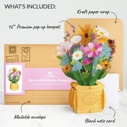 Lovepop Everyday Pop-Up Paper Flower Bouquet for Her and Him - 3D Greeting Cards for Boys, Girls, Men, Women - 12" Bee-u-tiful Blooms Bouquet - Blank Notecard Included - color: Bee-u-tiful Blooms Bouquet