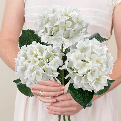 3PCS White Silk Hydrangea Artificial Flowers， Fake Flowers & Faux Floral Bulk Bouquet for Home Decor Bathroom Table Centerpiece Shelf Decorations (White) - color: White