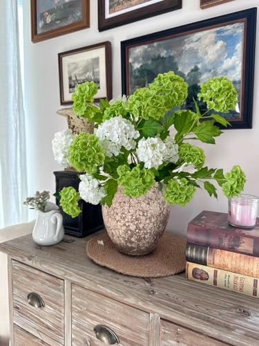 YalzoneMet RUZUQE 4 Pcs Dark Green Artificial Snowball Viburnum Flower 26.8‘’ Small Blooms Hydrangea Real Touch Faux Latex Long Stem Snowball for Spring Home Decoration Table Centerpiece - color: Dark Green