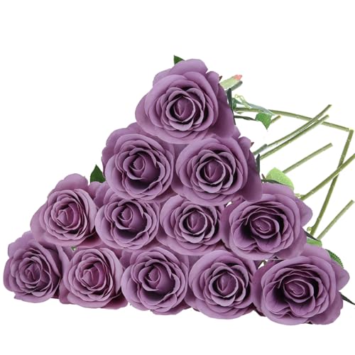 Felice Arts 12 Pack Purple Artificial Flowers with Stems Fake Flowers Bouquet Silk Roses for Wedding Table Vase Home Kitchen Party DIY Decor - color: Light Purple