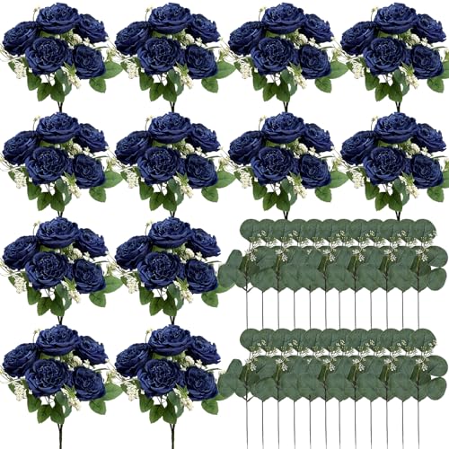 Peonies Artificial Flowers Bulk, 12 Bundles Fake Silk Peonies Faux Eucalyptus Bouquet Realistic Peony Floral Arrangement for Wedding Table Centerpiece Vase Decor (Navy Blue) - color: Navy Blue