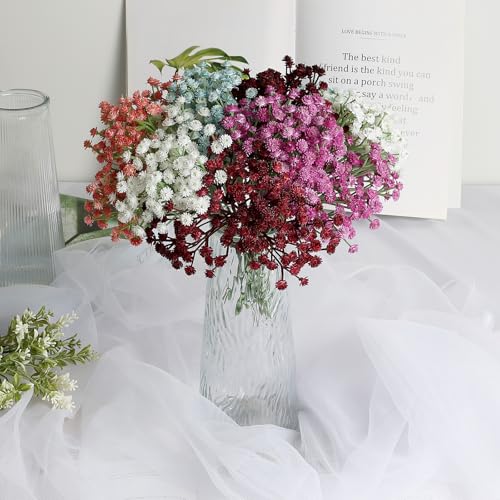 Baby's Breath Artificial Flowers, Maroon/Burgundy, 18pcs | Fake Gypsophila, Realistic Flowers, Wedding Arches Bouquets, Table Centerpieces, Party Decor - color: Red