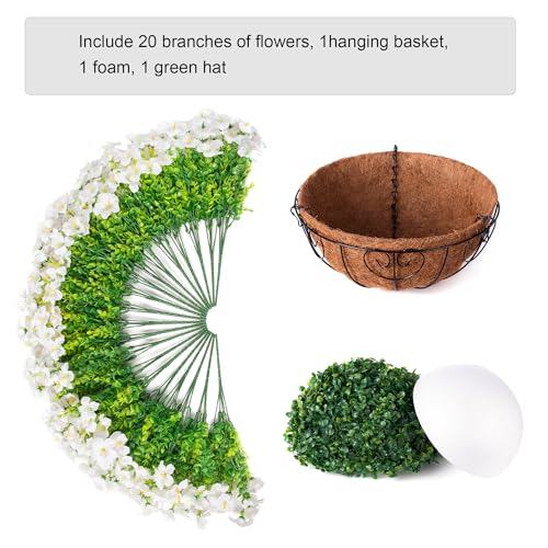 INSPRING Artificial Faux Hanging Flowers Plants Basket for Outdoors, UV Resistant White Fake Silk Morning Glory Realistic Petunia Outdoor Hanging Flowers for Outside Patio Porch Garden Home Decor - color: White