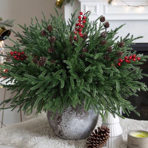 Artificial Christmas Norfolk Pine Stems Branches for Vases,17 Bundles Faux Pine Branches with Pinecones and Red Berries Branches,Fake Greenery Evergreen Real Touch for Holiday Winter Table Xmas Décor - color: Red Berries+small Pinecones