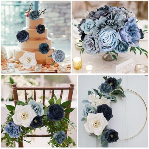 Artificial Flowers Dusty Blue Fake Flower Combo Set for DIY Wedding Bouquets, Faux Flowers with Stems for Table Centerpieces Cake Decorations Home Decor - color: Dusty Blue