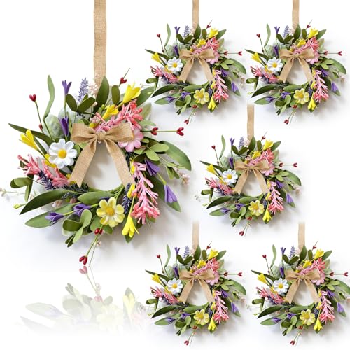6 Pcs Small Spring Hanging Wreaths for Cabinets with Pink White Daisy Flower Mini Artificial Purple Wild Flower Summer Floral Candle Rings Wreath for Home Kitchen Front Door Window Porch Wall Wedding - color: Spring
