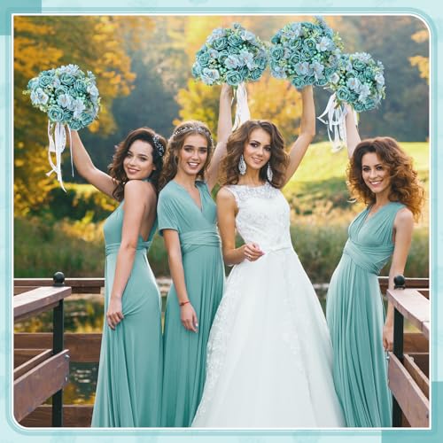 Yungyan 8 Pcs Wedding Artificial Rose Flowers Fake Roses Silk Hydrangea Berry Bouquet 12 Inch Faux Flowers for Bridal Wedding Party Floral Home Decoration Table Centerpieces(Teal Blue)