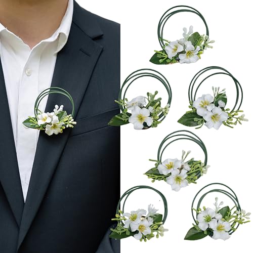 White Boutonniere Set for Men - Groomsmen & Groom - Wedding, Anniversary & Formal Dinner Party (6 Pack) - color: White Wreath, size: set of 6