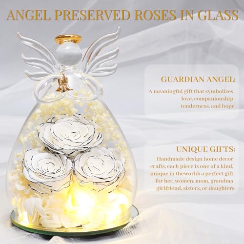 Beferr Gifts for Mom Birthday Gifts for Women, Fresh Flowers for Delivery Forever Preserved Rose in Glass Angel Figurine, Anniversary Christian Real Rose for Grandma Wife Mother from Daughter Son - color: N White-limited Edition