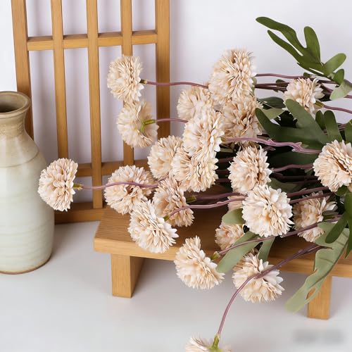 5pcs Beige Faux Silk Mums Artificial Flowers, Bulk Fake Small Mini Chrysanthemums with Stems for DIY Champagne Wedding Centerpieces Floral Arrangements Vase Fillers Home Decorations