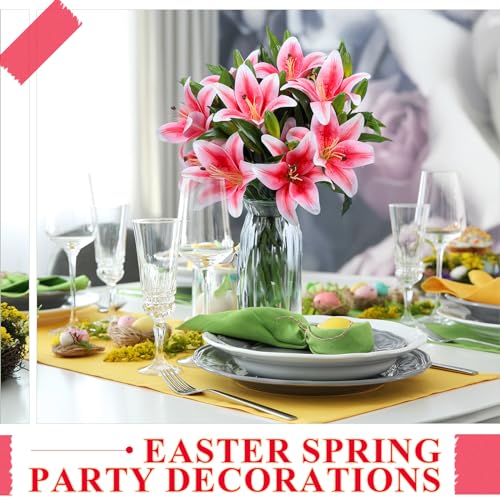 XunYee 16 Pcs Artificial Tiger Lily Flowers Lifelike Touch Lily Latex Lilies Flowers Artificial Bouquet Faux Latex with Rods for Summer Home Decoration Birthday(Pink and Green) - color: Pink and Green