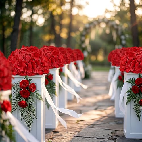 Hydrangea Flower Balls for Centerpieces - 12 PCS Artificial Floral Arrangement with Base, 8 Inch Diameter Fake Silk Kissing Ball for Wedding Table Home Party Decor - Red - color: Red-8 Inch-12 Pcs, size: Small Size