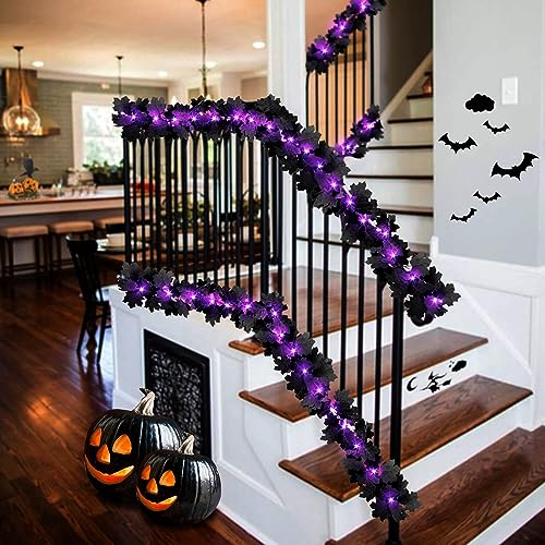 Black Leaf Garland with Purple Lights, 2 Pack Halloween Artificial Hanging Fall Leave Vines with 20 LED, Fall Floral Garlands Thanksgiving Decor for Home Wedding Party (11.8FT) - color: 2 Black With 2 Lights