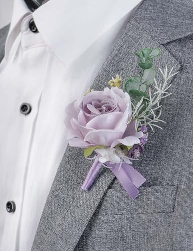 Alizeal 2Pcs of Wrist Corsage and Boutonniere Set, Artificial Flowers Accessories Suit Decor for Wedding Prom Party Homecoming Ceremony, Lavender - color: Lavender