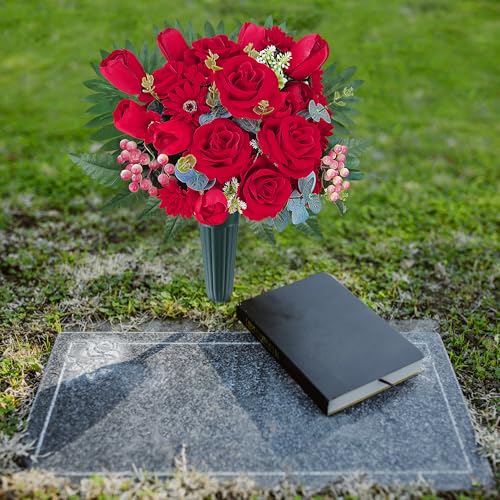 Silk Cemetery Flowers for Grave with Vase, Artificial Grave Flower for Cemetery Vase, Memorial Day Flowers for Headstones:Red Rose,Tulip,Look Real,No Fading