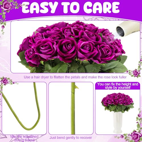 36 Pcs Dark Purple Velvet Artificial Flowers, Realistic Fake Roses Bulk for Wedding Arch, Bouquet Making, Centerpieces - color: Purple
