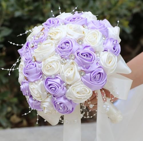 Ujicde Romantic Wedding Bouquet Bridal Bridesmaid Round Bling Brooch Bouquet Throw Toss Artificial Rose Flower Bunch with Sparkle Rhinestone Crystal Decoration(Purple+Ivory,Dia. 6.3"*16cm) - color: Purple+ivory, size: Dia. 6.3"*16cm