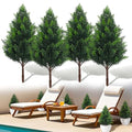Artificial Cedar Topiary Plants: 20 Inch (4P) UV Resistant Faux Pine Stems Shrubs Plastic Greenery for Outdoor Indoor Home Decor, Garden, Front Porch, Office, Restaurant & Holiday Party