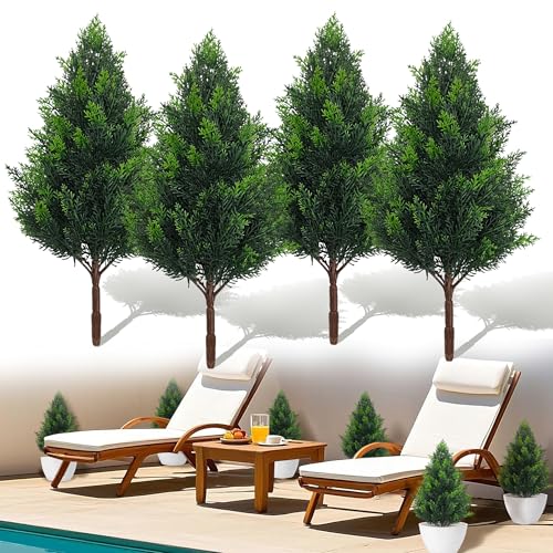 Artificial Cedar Topiary Plants: 20 Inch (4P) UV Resistant Faux Pine Stems Shrubs Plastic Greenery for Outdoor Indoor Home Decor, Garden, Front Porch, Office, Restaurant & Holiday Party