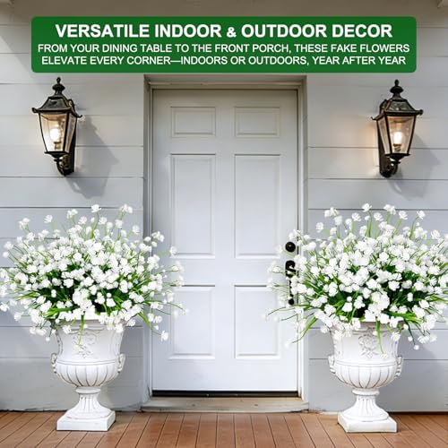 12 Bundles Artificial Flowers for Outdoors Summer Decor, Realistic UV Resistant Fake Plants Faux Plastic Flowers for Outside Planter Home Gardens Patio Porch Yards Spring Cemetery Decor(White) - color: White, size: 12 Bundles