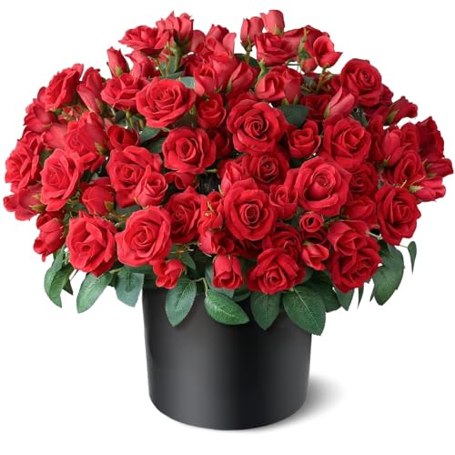 Juxdp 2 Set of Artificial Rose Topiary Trees - Faux Silk Flower Potted Plant, UV Resistant Fake Outdoor Rose Bush for Front Door, Farmhouse, Porch, Garden Decor (Red) - color: Red