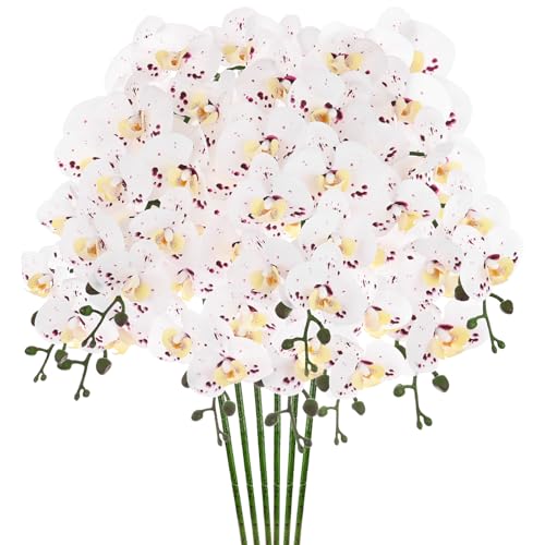 M METERXITY 6-Pack Artificial Orchid Flowers 9 Large Petals 37 Inch Faux Phalaenopsis Silk Bouquets Real Touch White Purple Fake Orchids for Home/Wedding/Christmas/Party/Garden/Office - color: White Purple