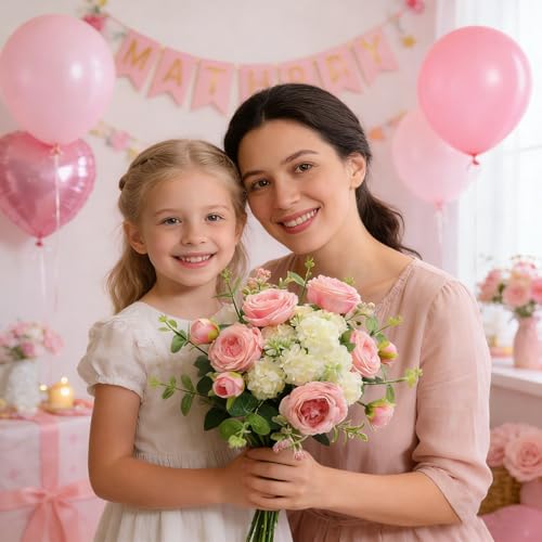 Artificial Flowers Bouquet, Pink Silk Peonies Chrysanthemum Mixed Bouquet with Eucalyptus, Artificial Roses Bouquet for Wedding Centerpieces Bridal Bouquet Mohter's Day Valentine's Day Home Decor - color: Pink