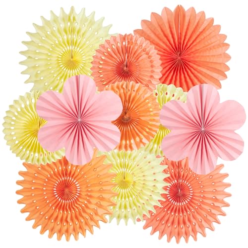 PAPER JAZZ Paper Flowers with Paper Fan Boho Hanging Decor Artificial Flowers Decorations for Wall Pink and Orange Party Decorations for Classroom, Beach Party, Summer Birthday Party Pack of 11. - color: Orange Pink