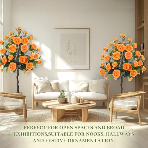 Lunmon 2 Pack 4ft Artificial Camellia Plants Tree without Vase 48" Faux Camellia Flower with Spike UV Resistant Realistic Fake Floral Blooming Bush for Outdoor Front Door Porch Backyard Garden, Orange - color: Orange, size: 4 ft