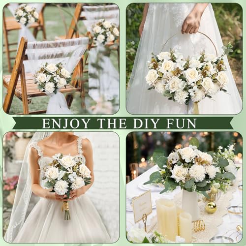 Artificial Peonies Flowers 12 Bundles Silk Chrysanthemum Flowers Fake Roses with Eucalyptus, Realistic Faux Mums for Vase Arrangement, Home Decor, Wedding Table Centerpiece - White - color: White