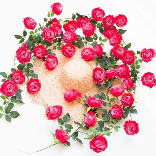 Bendable Artificial Flower Garland Faux Rose Vine Hanging Floral Garland for Wall Decor Trellis Fence Home Room Garden Wedding Decoration(Fuchsia, 2pcs) - color: Fuchsia, size: 2pcs