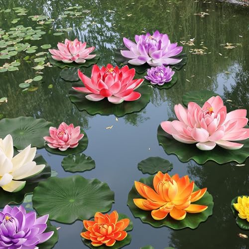 14pcs Lily Pad for Ponds, Artificial Lotus, Realistic Water Floating Foam Lotuses, Fake Lily Pad for Home Garden Patio Pond - color: 14 Colourful
