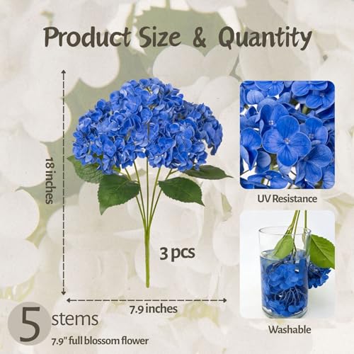 INXUGAO Artificial Flowers Fake Outdoor Hydrangea Bouquets with Long Stems, 3Pcs 18" Faux Blue Hydrangeas with Latex Real Touch for Outdoors, Wedding, Baby Shower and Party Decor - color: Blue