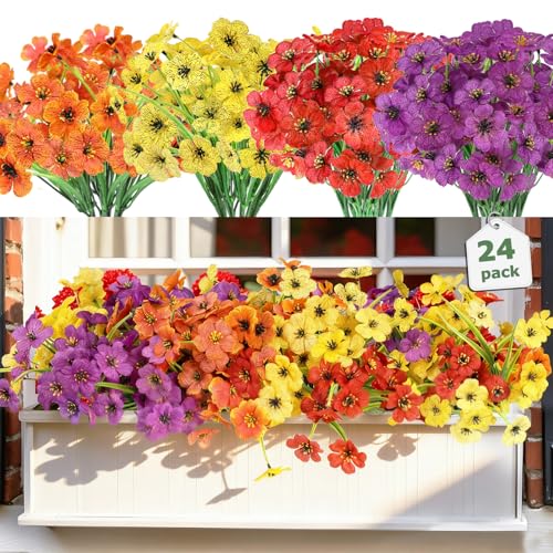 Nepfaivy Artificial Flowers for Outdoors Uv-Resistant - 24 Bundles 4 Colors No-Fade Faux Flowers for Outdoor Planters to Decor Patio Porch Garden Yard, Silk Realistic Faux Outside Flowers Bulk - color: Purple Yellow Red Tangerine 24pcs