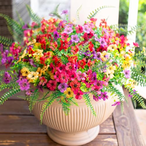 HyeFlora Artificial Faux Outdoor Flowers Plants for Summer Outside Decoration, 14 Bundles Fake Silk Colorful Daisy Ferns UV Resistant Realistic for Front Door Porch Planter Patio Yard - color: Mixed Flower+grass