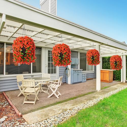 HyeFlora Artificial Fake Hanging Flowers Plants for Outdoor Outside Spring Decor, 2PCS Faux Silk Orange Morning Glory Trailing Vines UV Resistant Look Real for Home Planter Porch Patio - color: Orange 2