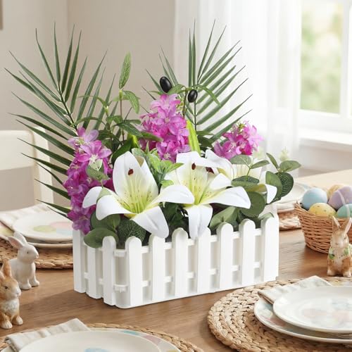 Floral Centerpieces for Tables Spring Flower Table Centerpieces for Dining Room in Picket Fence Pot Artificial Lily and Hyacinth Arrangement with Palm Leaves Eucalyptus for Home Wedding Kitchen Table