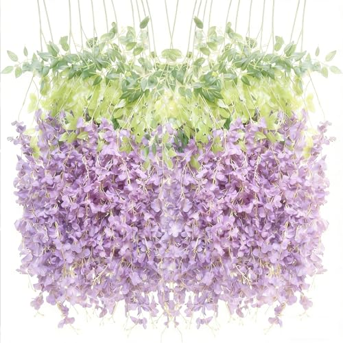 HUAHUA Artificial Wisteria Flowers, White Dense Artificial Fake Wisteria Vine Ratta Hanging Garland Silk Flowers String for Home Party Wedding Decor (24pcs Light Purple) - color: 24pcs Light Purple