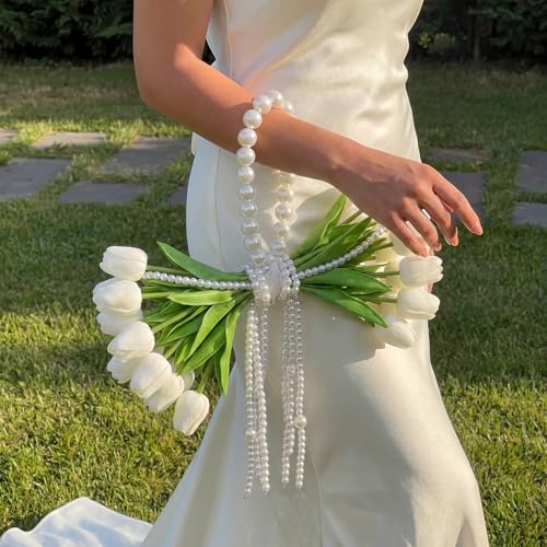 Suncalla 20 Pcs White Tulip Artificial Flowers DIY Wedding Bouquet for Bride Wedding Table Centerpieces Decorations Graduation Flower with Ribbon and Pearl for Floral Arrangement DIY Craft Bridal - color: White, style: Tulip