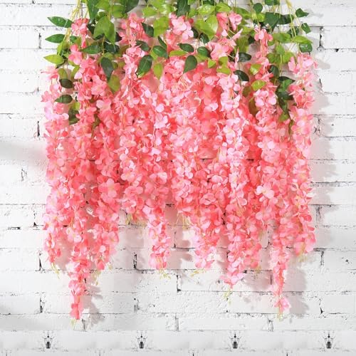 24Pcs Artificial Wisteria Hanging Flowers, 3.6Ft/Pcs Deep Pink Fake Wisteria Garland for Wedding Party Home Garden Indoor Outdoor Decoration - color: Deep Pink, size: 24Pcs