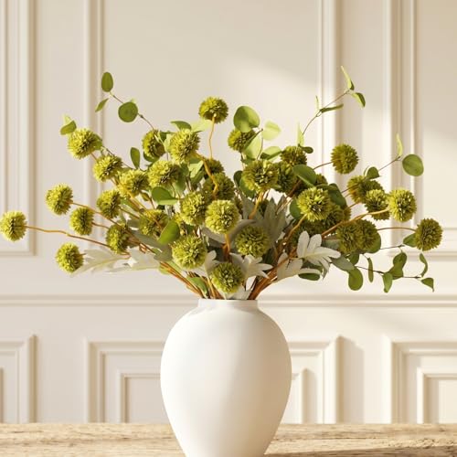 Green Flowers Artificial 10 Long Stems & 2pcs Eucalyptus Branches For Vase, Faux Silk Mum Greenery Arrangement, Realistic Fake Flowers, Green Centerpieces For Tables, Real Touch Floral Stems - color: Green