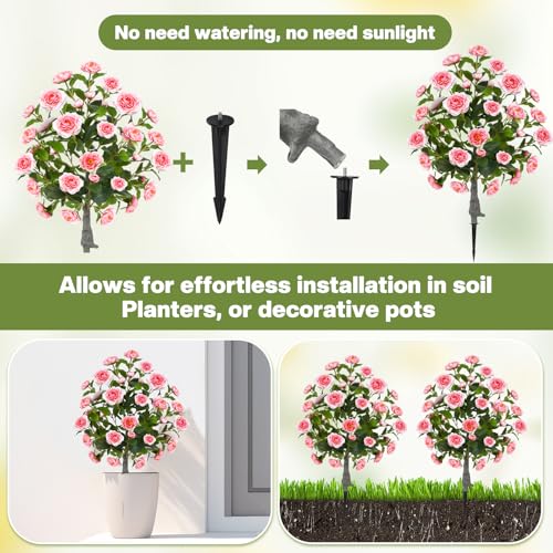 Lunmon 2 Pack 3ft Artificial Camellia Plants Tree 36" Faux Camellia Flower with Spike UV Resistant Realistic Fake Floral Blooming Bush for Indoor Outdoor Front Door Porch Backyard Garden, Pink - color: Pink, size: 3 ft