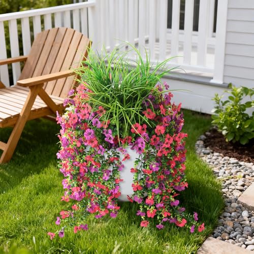 Artificial Hanging Flowers for Outdoors with Wheat Grass, 5 Pcs Fake Hanging Plants for Spring Decor, UV Resistant Faux Silk Flower Greenry for Planter Porch Patio Yard Garden(Purple Hot Pink) - color: Z Purple Hot Pink With Grass