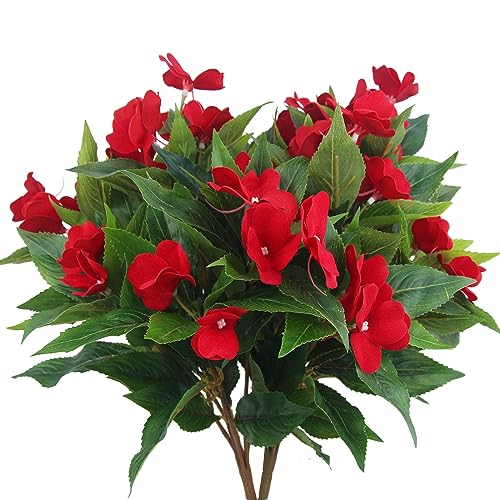 2 Pcs Artificial Impatiens Flowers for Outdoors Faux Impatiens Bushes Red Silk Flowers Greenery Faux Flowers for Outdoor Planters Patio Lawn Garden Balcony Pot Hanging Basket Porch Decoration - color: Red