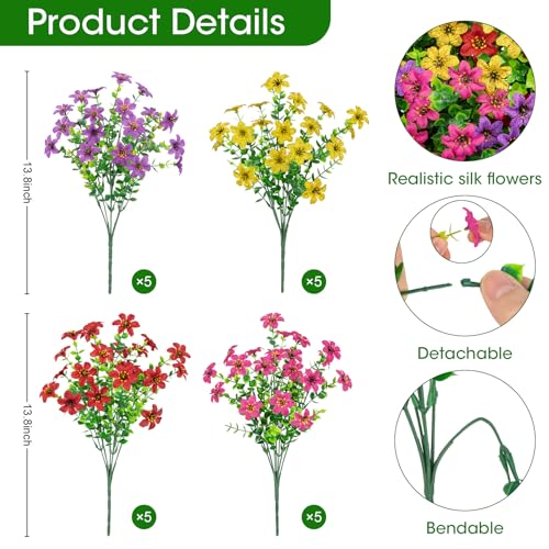 20 Bundles Artificial Flowers for Outdoors, Fake Silk Flowers UV Resistant Faux Realistic Plastic Plants for Spring Summer Porch Patio Garden Planter Window Box Home Decor, Mixed Color - color: Mixed Color