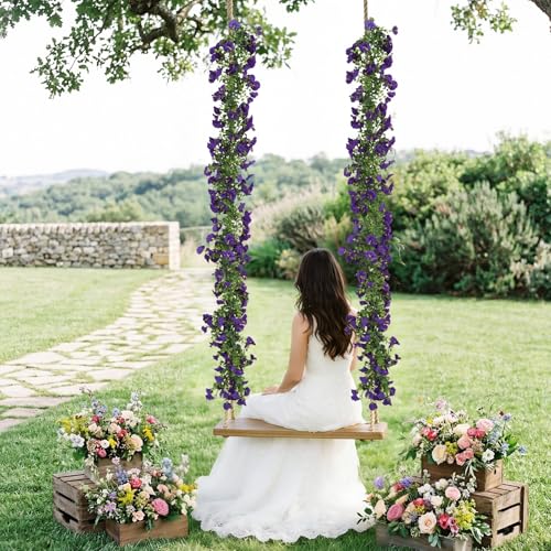 2 Pack Artificial Petunias Flowers Garlands, 6FT Purple Fake Morning Glory Flowers Eucalyptus Vine for Decoration Silk Flowers for Outdoor Home Garden Wall Wedding Decor(Purple) - color: Purple