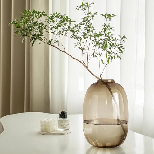 GeLive Brown Glass Vase Round Clear Colored Flower Vase for Centerpiece Long Stem Branch Fresh Artificial Plant Bottle Modern Home Indoor Decoration (Brown) - color: Brown