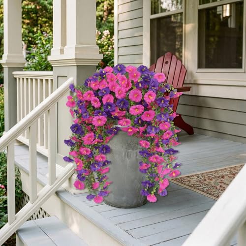 Artificial Hanging Flowers for Outdoors, 6PCS Silk Morning Glory Artificial Flowers, UV Resistant Fake Flower Realistic Faux Plants for Home Patio Porch Garden Basket Decor (Purple+Fuchsia) - color: Purple+fuchsia