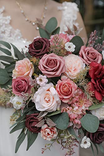 rongflower Artificial Flowers Combo Box Set Burgundy Pink Fake Flower Leaf Box with Stems for DIY Wedding Bouquets Centerpieces Arch Arrangement Baby Shower Party Home Decorations - color: Burgundy Pink